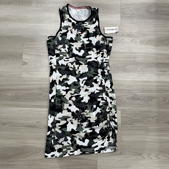 TOMMY HILFIGER SPORT WOMEN KNEE LENGTH CAMO-DRESS-BLACK/GREEN SLEEVELESS SIZE S - Picture 1 of 8